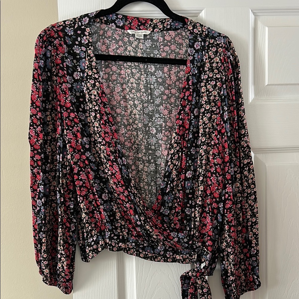 Floral Wrap Top - Black and Pink